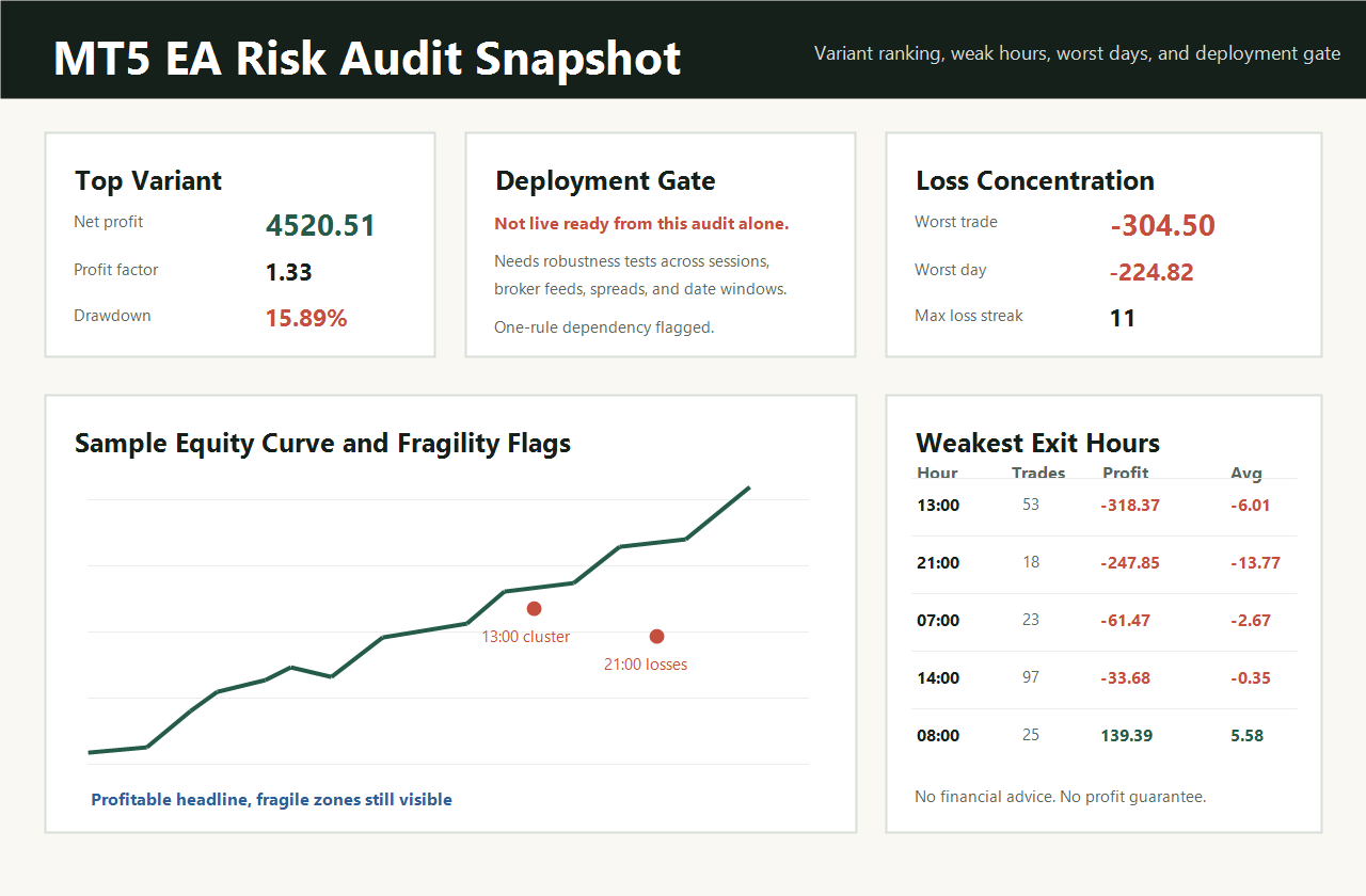 MT5 audit snapshot showing weak hours, worst days, variant ranking, and deployment gate
